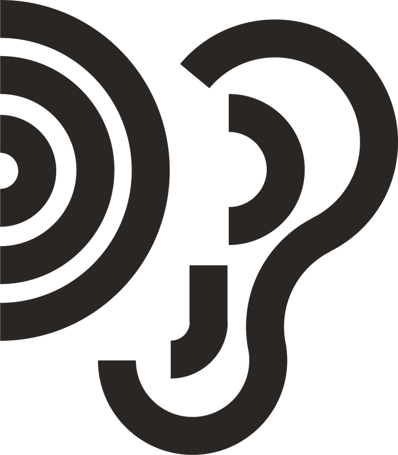 Icon Genau Hören: ein halber Kreis und ein stilisiertes Ohr